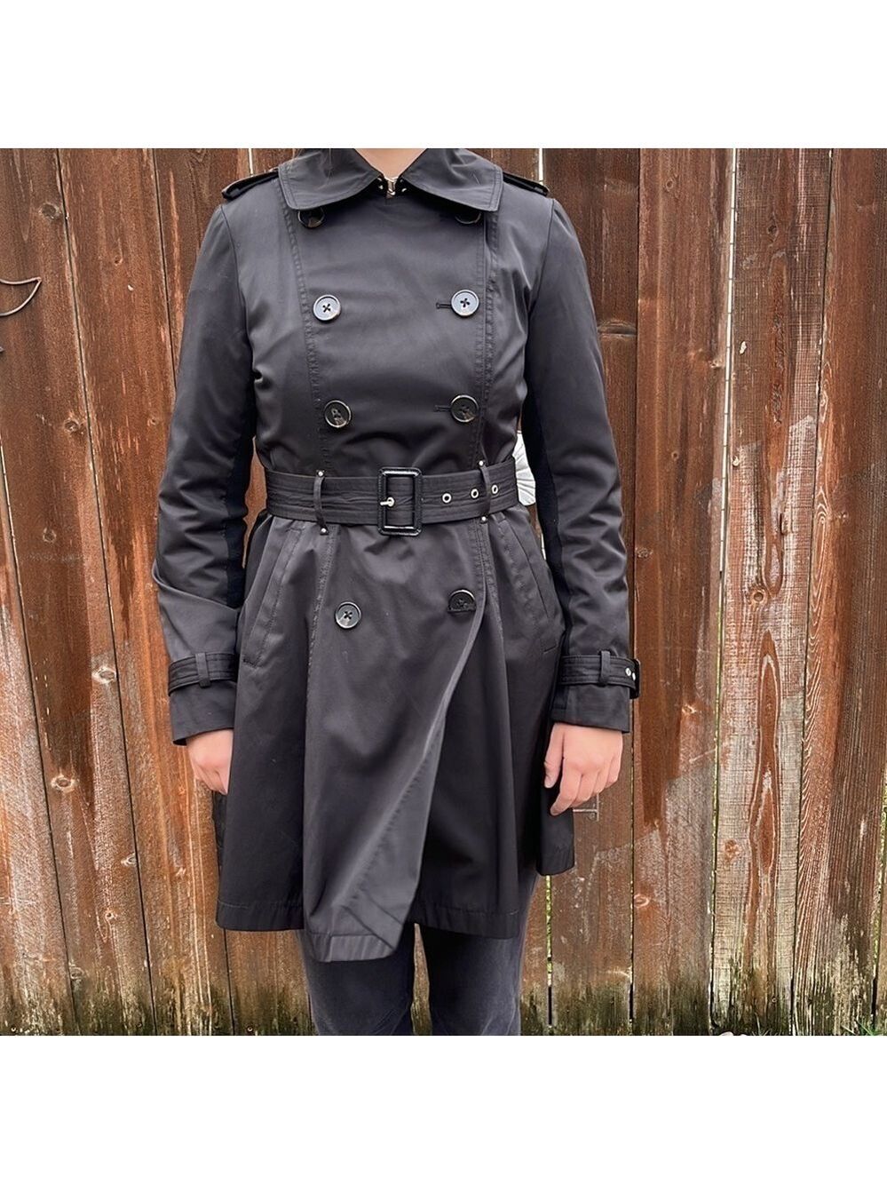 BLACK women’s double breasted trench coat - Picture 2 of 9